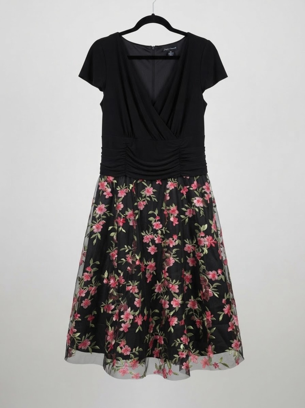 Jessica Howard Black Midi Dress with Pink Floral Embroidery